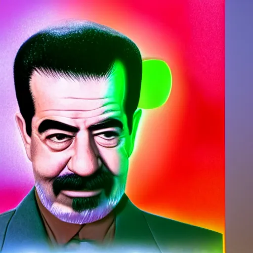 Prompt: rgb head shot of saddam hussein with a pink jacket, 8 k,