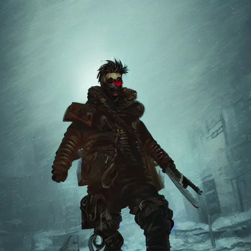 Image similar to A comic book style portrait painting of a male post apocalyptic punk warrior in a winter landscape, unreal 5, DAZ, hyperrealistic, octane render, RPG portrait, ambient light, dynamic lighting