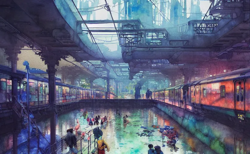 Prompt: an urban train rides inside of a waterway on a fantasy city. intricate, amazing composition, colorful watercolor, by ruan jia, by maxfield parrish, by marc simonetti, by hikari shimoda, by robert hubert, by zhang kechun, illustration, gloomy