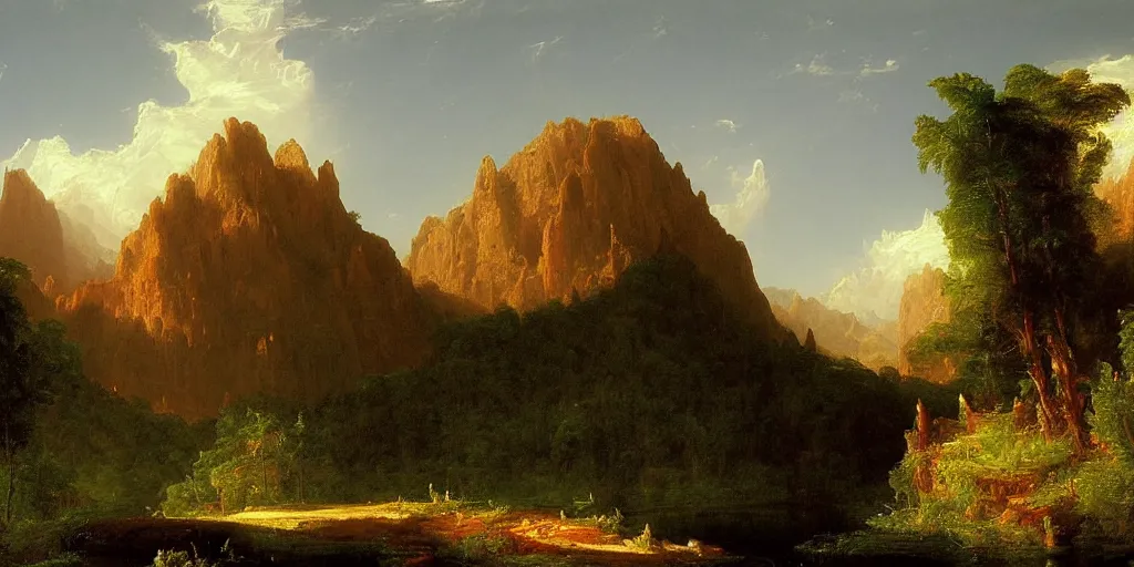 Prompt: very detailed and perfectly readable fine and soft relevant out of lines soft edges painting by thomas cole in hd, red mountains, nice lighting, perfect readability