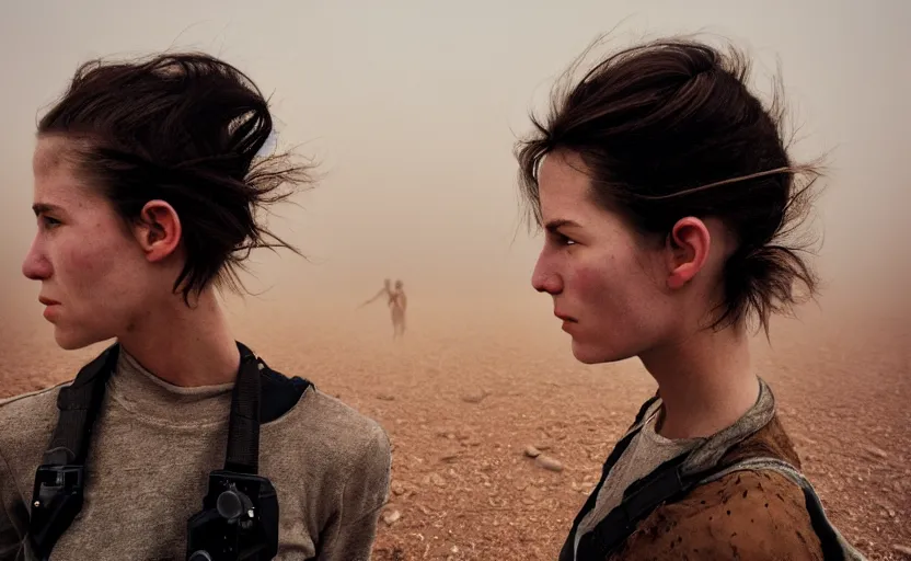 Image similar to cinestill 5 0 d photographic portrait by helen levitt of two loving female androids wearing rugged black mesh techwear on a desolate plain, extreme closeup, modern cyberpunk, dust storm, 8 k, hd, high resolution, 3 5 mm, f / 3 2, ultra realistic faces, ex machina