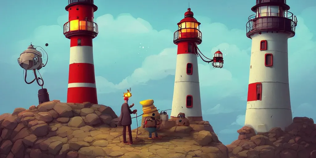 Image similar to cute cartoon monster building a lighthouse by Goro Fujita and Simon Stalenhag , 8k, trending on artstation, hyper detailed, cinematic