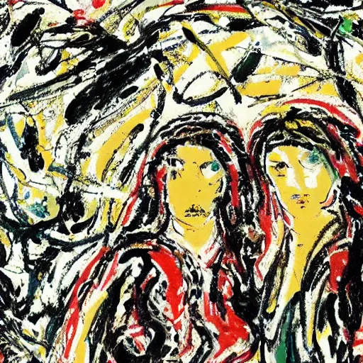 Image similar to a portrait of two beautiful 3 0 year old sisters in a scenic environment by jackson pollock