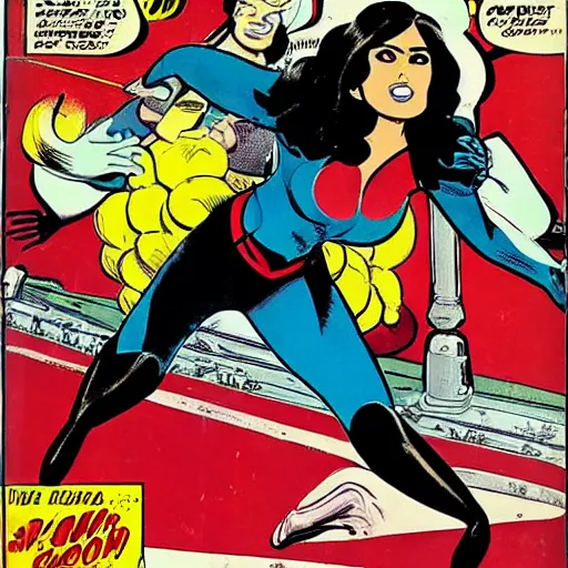 Image similar to a comicbook pane of Selma Hayek hunting vampires in Tijuana, silver age of comics