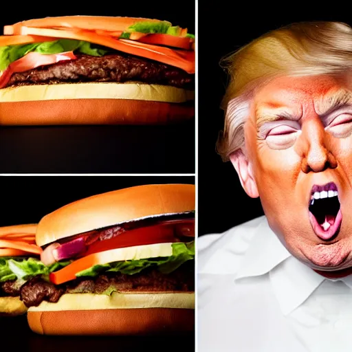 Prompt: donald trump licking a burger with his tongue out, mmmmm, studio portrait photo, studio lighting, key light, food photography