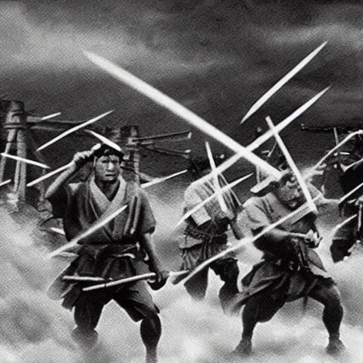 Prompt: seven samurai in an epic battle, ultrarealistic