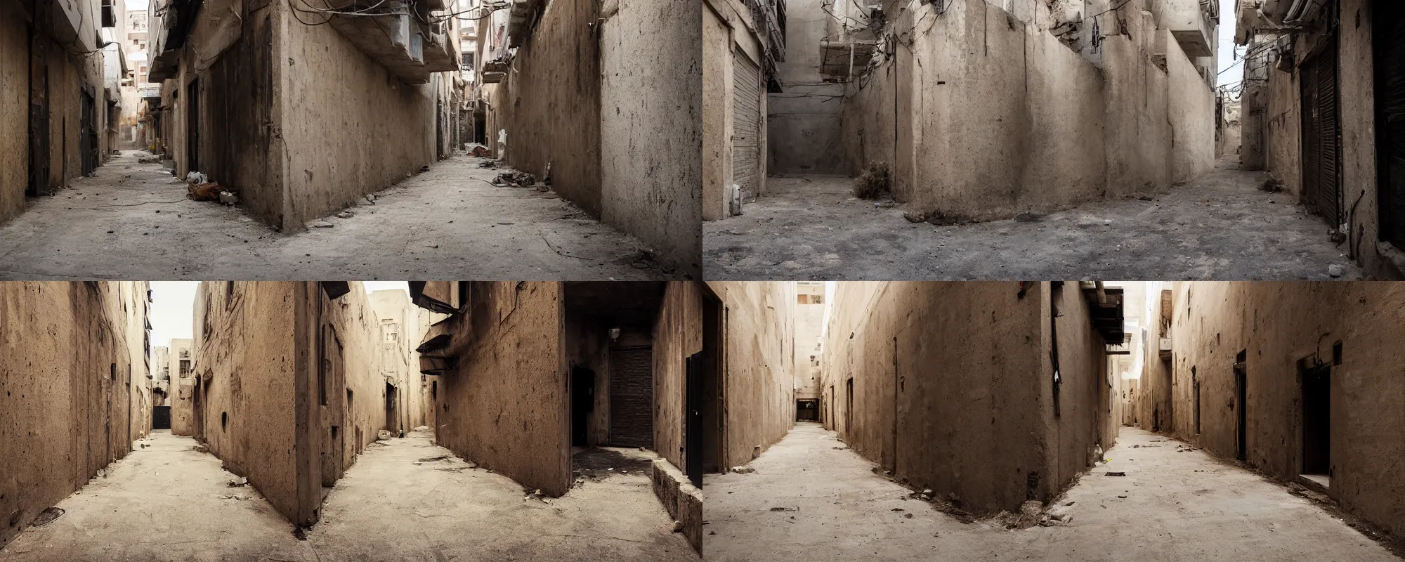 Prompt: wide, empty middle eastern alleyway, suited for hiphop music video background, dusty, cinematic, junktown, rusty metal, stone walls