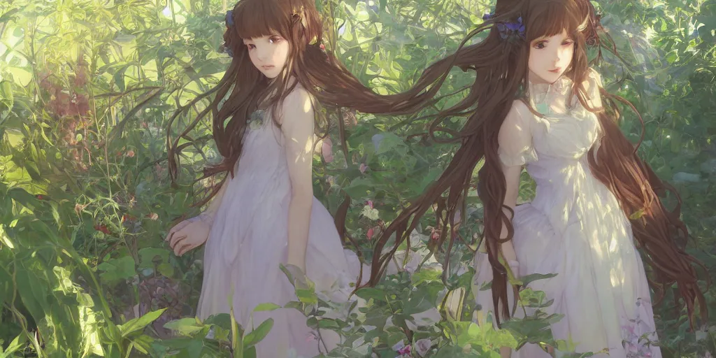 Prompt: a digital art of a loli with long hair in a dress in the privet garden at after noon, green and warm theme, by krenz cushart and mucha and akihito yoshida and greg rutkowski and makoto shinkai, long shot, back lighting, detailed eyes, 4 k resolution, trending on art station