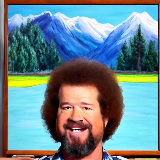 Image similar to a closeup photorealistic photograph of bob ross painting an image of kenny powers pitching a baseball on a canvas. mountains and trees. film still. brightly lit scene. this 4 k hd image is trending on artstation, featured on behance, well - rendered, extra crisp, features intricate detail, epic composition and the style of unreal engine.