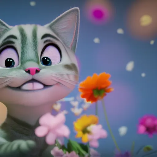 Image similar to tabi cat with flowers, anime, disney, pixar, 8 k, hd, dof, kodak film, volumetric lighting, subsurface scattering, photorealistic, octane render, details