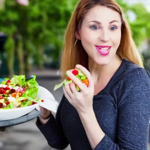 Prompt: a stock image of a lady eating a salad