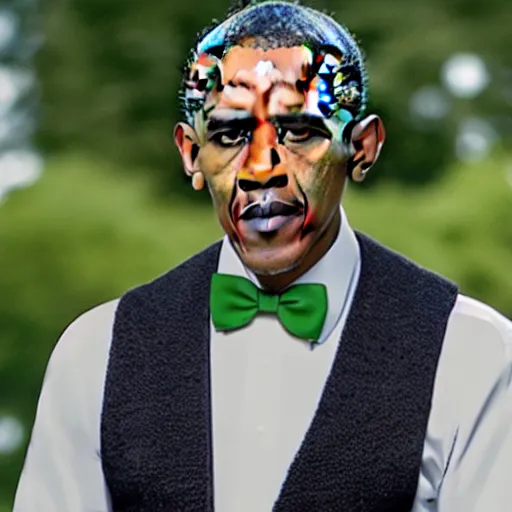 Prompt: obama wearing a black sweater vest and a green bow tie, still from riverdale