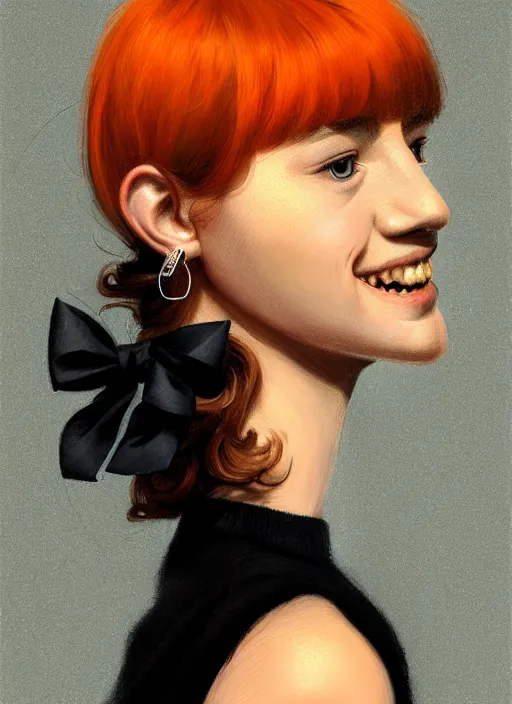 Image similar to portrait of high school girl, realistic, black hair, bangs, half updo hairstyle, pointy nose, skinny, smile, ugly, defined jawline, big chin, orange hair bow, earrings, intricate, elegant, glowing lights, highly detailed, digital painting, artstation, sharp focus, illustration, art by wlop, mars ravelo and greg rutkowski