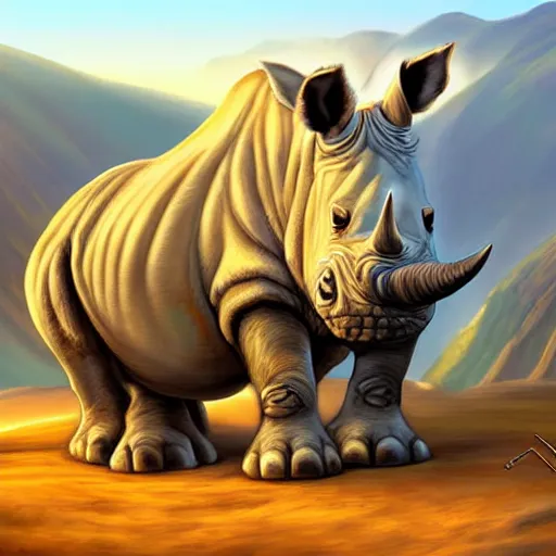 Prompt: digital painting of a fuzzy, white rhinoceros posing triumphantly on a craggy rock promontory at sunrise, highly detailed, painted in the style of sam nielson, world of warcraft art