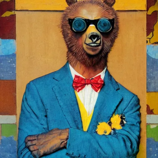 Prompt: a norman rockwell painting of a old - fashioned - humanoid - bear wearing brightly colored cheap sunglasses and 3 - piece suit