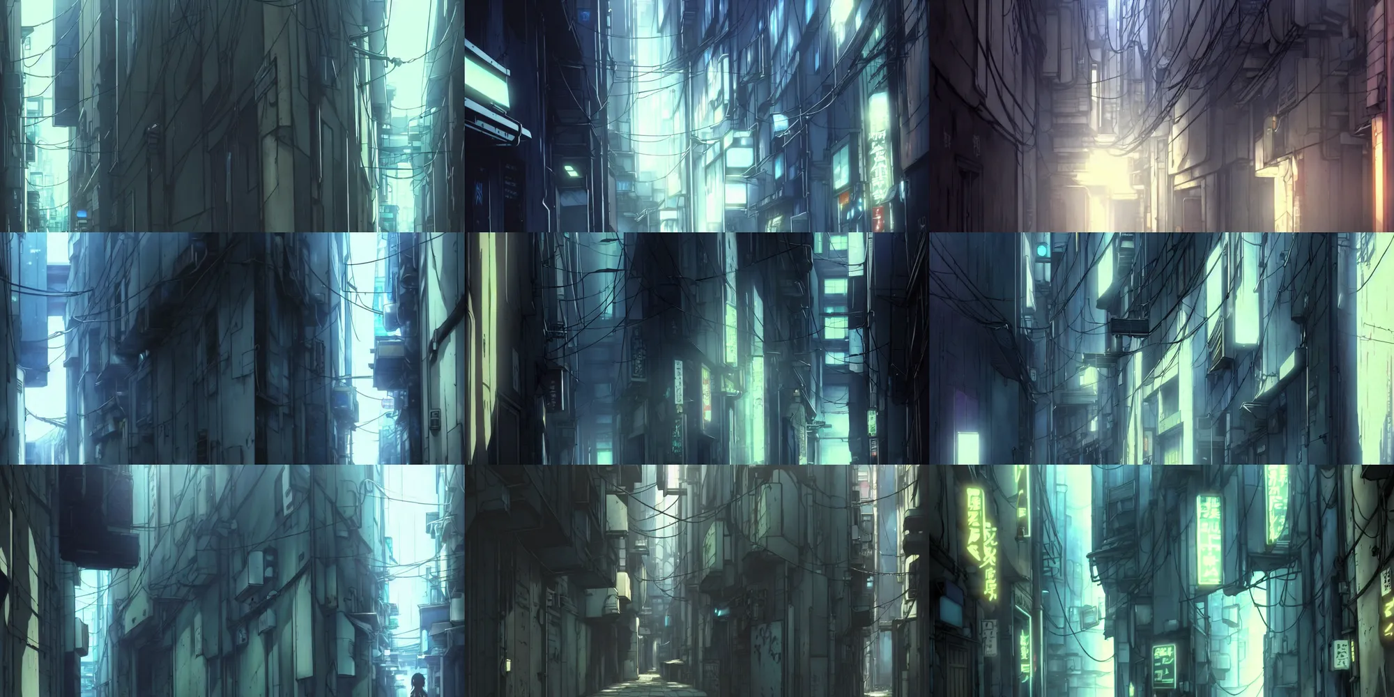 Prompt: a narrow narrow close close up of an alleyway in the cyberpunk anime film, Shichiro Kobayashi, screenshot in the anime series ergo proxy by (makoto shinkai), hazy and dreary