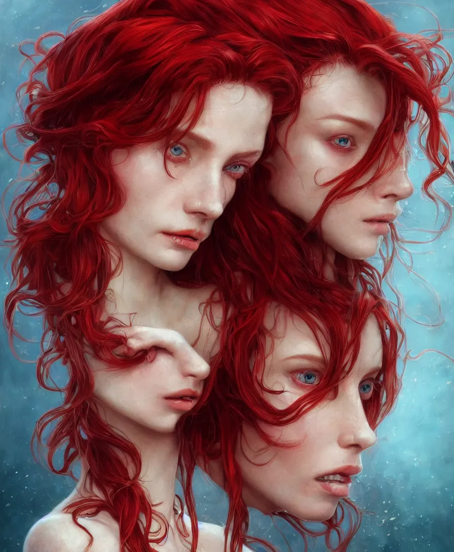 Prompt: Hyperrealistic close-up portrait of zombie mermaid young woman with red hair, alone, D&D, fantasy, intricate, elegant, highly detailed, digital painting, trending artstation, concept art, smooth, sharp focus, illustration, art by artgerm and greg rutkowski and alphonse mucha