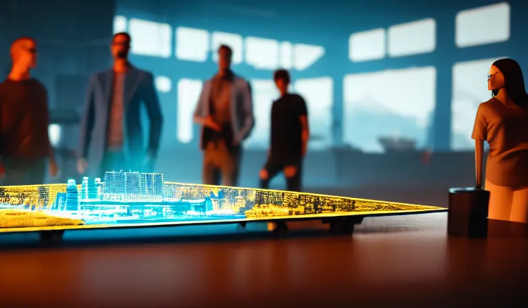 Image similar to group of people in simple warehouse, looking at hologram of futuristic city on a table, cinematic concept art, godrays, golden hour, natural sunlight, 4 k, clear details, tabletop model buildings, center model buildings, hologram center, crane shot, crane shot, crane shot