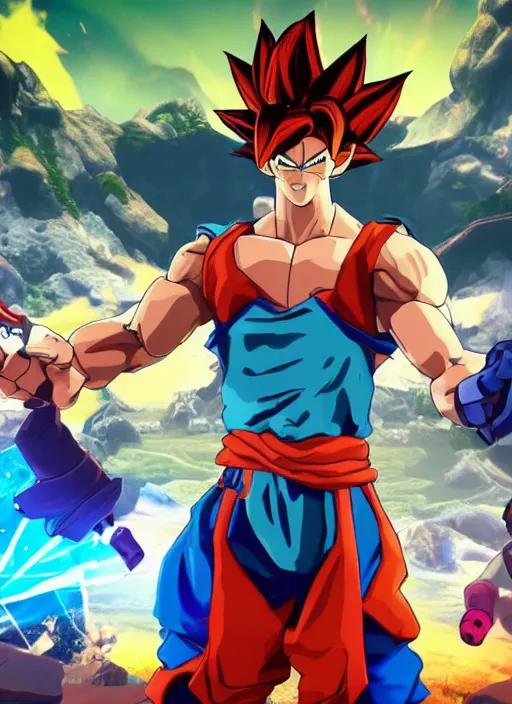 Image similar to game still of a sayan goku as a fortnite skin in fortnite by fortnite, pose.