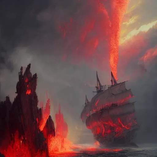 Prompt: pirate ship going to hell, warm temperature, red lightning, sea of lava, hyperdetailed, artstation, cgsociety, by greg rutkowski, by Gustave Dore