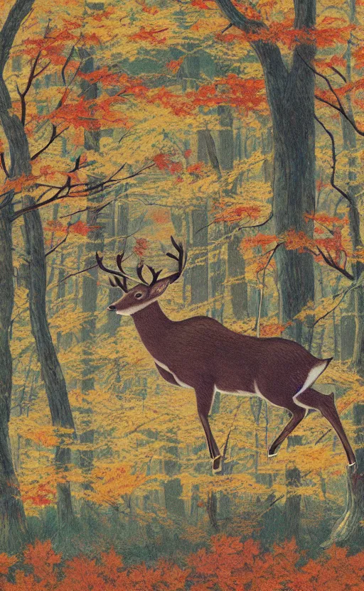 Prompt: by akio watanabe, manga art, deer jumping around maple forest, fall season, trading card front