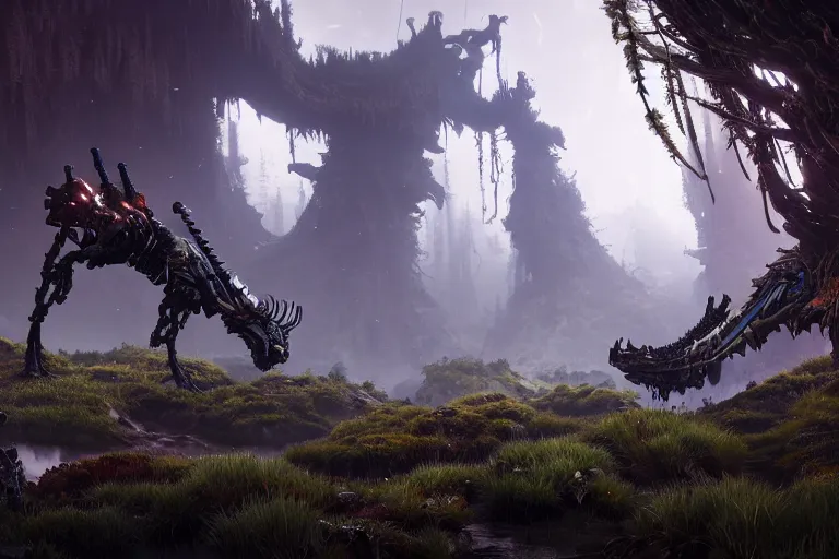 Image similar to wide epic shot from horizon forbidden west. a hyper detailed organic mechanic creatuve realistic similar look as horizon forbidden west horizon zero dawn, bioluminiscence in a dark deep forest at dawn in spring, with reflection and textures, by kilian eng, substance painter reaslitic mech surface metal painted scratches, world env from horizon forbidden west horizon zero dawn