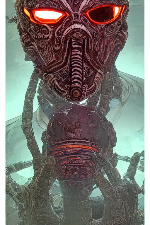 Image similar to tribal vodoo mask eye radiating a glowing aura global illumination ray tracing hdr fanart arstation by ian pesty and katarzyna da „ bek - chmiel that looks like it is from borderlands and by feng zhu and loish and laurie greasley, victo ngai, andreas rocha, john harris wooly hair cut feather stone