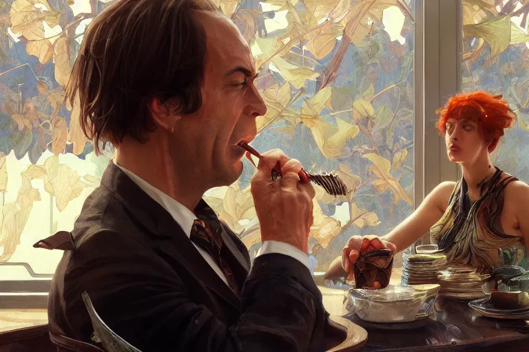 Prompt: photography of saul goodman eating, deep focus, intricate, elegant, highly detailed, digital painting, artstation, concept art, matte, sharp focus, illustration, art by artgerm and greg rutkowski and alphonse mucha