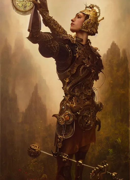 Prompt: hyper realistic knight casting a spell, refined details, denoised, birds eye view, magical, gems, jewels, gold, steampunk, cyberpunk utopia, painted by tom bagshaw, mucha, gaston bussiere, craig mullins, j. c. leyendecker 8 k