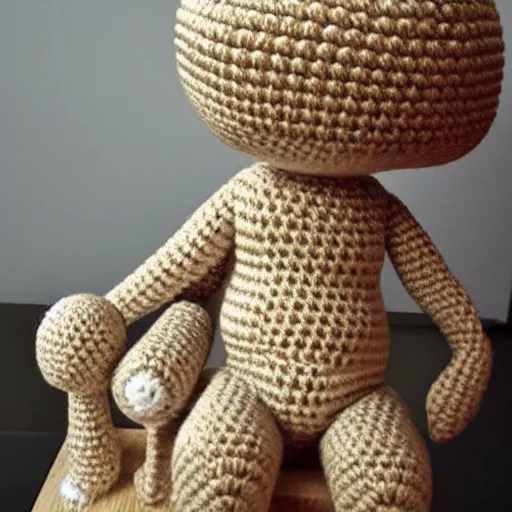 Image similar to amigurumi crocheted toy they looks like the statue the thinker by rodin, sitting on a wooden toy block