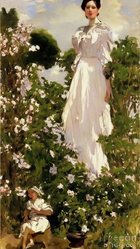 Image similar to beautiful young julee wear alace dress in a botanical yard set near a persian pot by john singer sargent