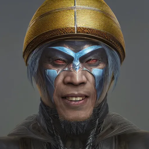 Prompt: hyper realistic, highly detailed hybrid of raiden from mortal kombat, and raiden from metal gear solid wearing an asian conical hat. portrait, stephen bliss, unreal engine, greg rutkowski, beeple global illumination, translucent, sub - surface scattering, detailed and intricate environment