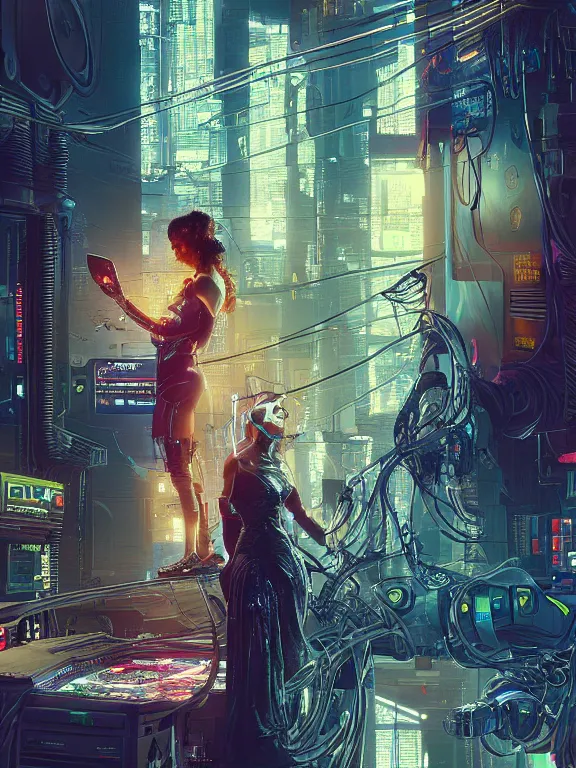 Image similar to a cyberpunk 2077 illustration half body portrait of two veiled female android queen pray with complex mess of cables and wires behind them connected to giant computer, film lighting, by laurie greasley,Lawrence Alma-Tadema,William Morris,Dan Mumford, trending on atrstation, full of color, mythological, high detailed,golden ratio,cinematic lighting