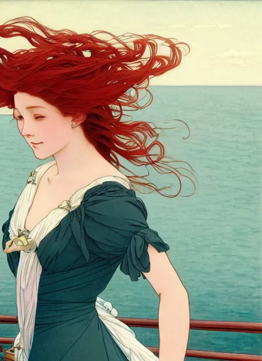 Image similar to a pretty young woman with long red hair blowing in the wind is leaning on the rail of a sailing ship, looking out to sea, path traced, highly detailed, high quality, digital painting, by studio ghibli and alphonse mucha, ron cobb, leesha hannigan, hidari, art nouveau, chiho aoshima, jules bastien - lepage