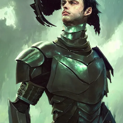 Prompt: male with black short hair and green eyes wearing paladin armor by Greg Rutkowski, Sung Choi, Mitchell Mohrhauser, Maciej Kuciara, Johnson Ting, Maxim Verehin, Peter Konig, final fantasy , mythical, 8k photorealistic, sexy, hot, cinematic lighting, HD, high details