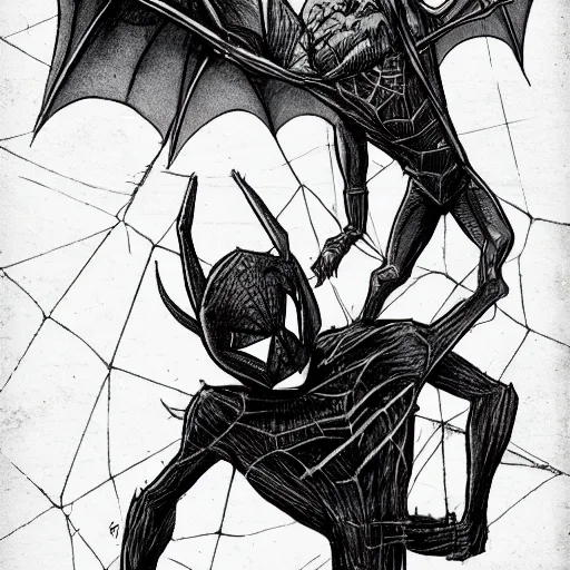 Image similar to a man who is a bat fighting a man who is a spider, detailed illustration, concept art