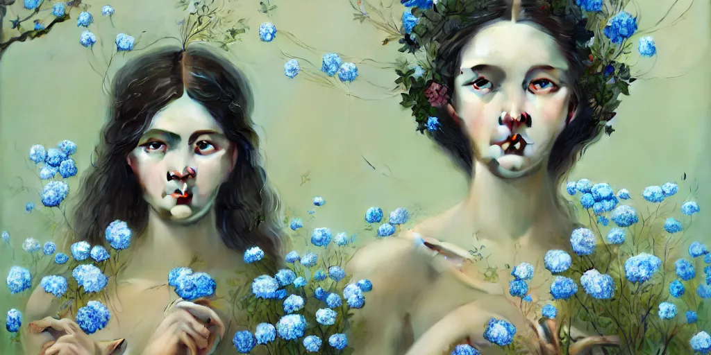 Image similar to breathtaking detailed concept art painting portrait of the goddess of nemophila flowers, orthodox saint, with anxious piercing eyes, ornate background, amalgamation of leaves and flowers, by hsiao - ron cheng, extremely moody lighting, 8 k