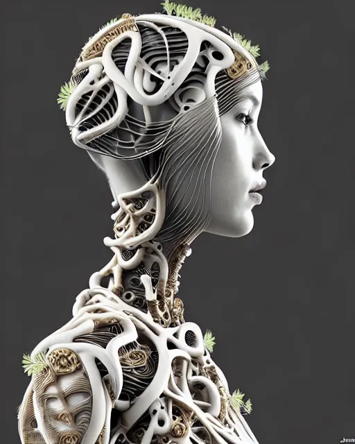 Prompt: bw 3 d render, biomechanical beautiful young female cyborg with a porcelain profile face, analog, big leaves foliage and stems, morning glory flowers, hibiscus flowers, boho floral vines, hexagonal mesh fine wire, sinuous fine roots, styled by alexander mcqueen, art nouveau fashion embroidered, steampunk, mandelbrot fractal