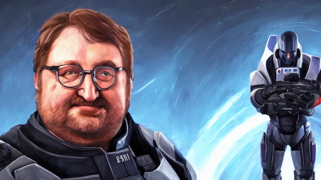 Prompt: portrait of gabe newell as a mass effect character, intense, high quality, high detail