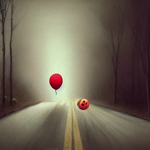 Prompt: grunge painting of an empty road with a wide smile and a red balloon by Zdzisław Beksiński, loony toons style, pennywise style, corpse bride style, creepy lighting, horror theme, detailed, elegant, intricate, conceptual, volumetric light