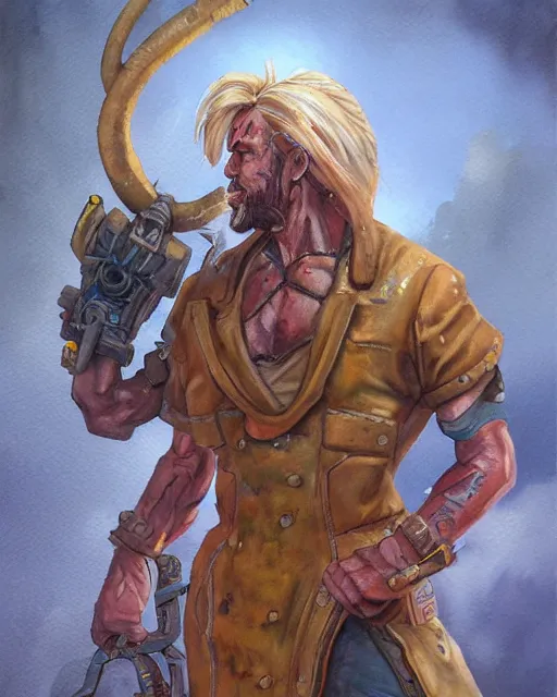 Prompt: a oil / watercolor painting full body character portrait of a sixgun salvager in the style of moebius in the style of leonard boyarsky trending on artstation deviantart pinterest detailed realistic hd 8 k high resolution