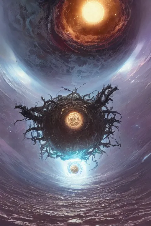 Image similar to azathoth in space looking at earth, larger than earth, huge, towering, gigantic, high octane, 8 k, digital art, magic the gathering, mtg, by greg rutkowski, trending on artstation