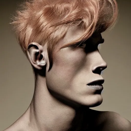 Image similar to a beautiful young male alien with ombre skin, his hair moves with the wind, photographed by erwin olaf