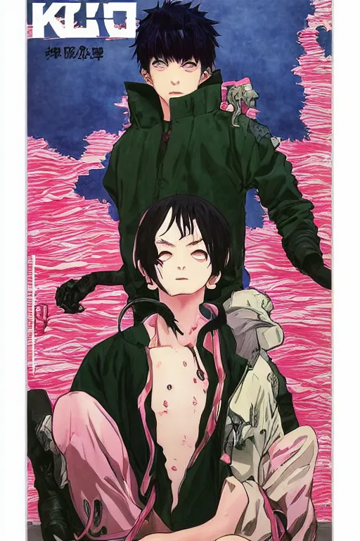 Image similar to professionally drawn shonen mature horror mystery action manga comic cover, beautifully drawn museum portrait coherent professional, drawn by ilya kuvshinov, gustav klimt, alphonse mucha and tsutomu nihei. text kanji hiragana on the cover. simplistic minimalist stylized cover art. pink & green & blue full color.