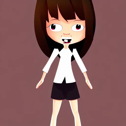 Image similar to 2 d flat animation character design girl kid, handrawn dynamic pose, french bob hair, short hair, brown eyes, realistic, 4 k!!!, art station