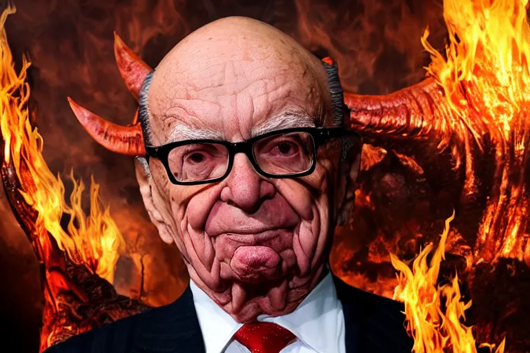 Prompt: Rupert Murdoch as satan with devil horns, a pentagram on his forehead, standing in hell surrounded by huge flames and smoke and fire and lava and skulls