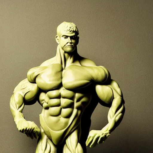 Image similar to sculpture of a bodybuilder made entirely from fresh lettuce, by antoni gaudi, studio lighting, 8 k, high quality, professional photography