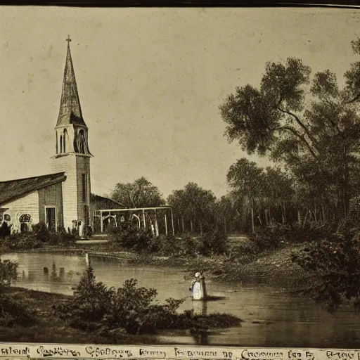 Image similar to 1 9 th century southern gothic scene of a religious gathering, louisiana, bayou in the background, old white wooden church