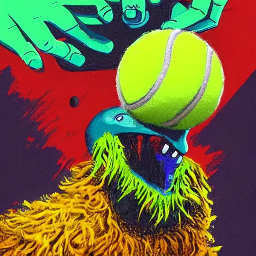 Image similar to a tennis ball monster, tennis court, digital art, fantasy, magic, trending on artstation, ultra detailed, professional illustration by Basil Gogos