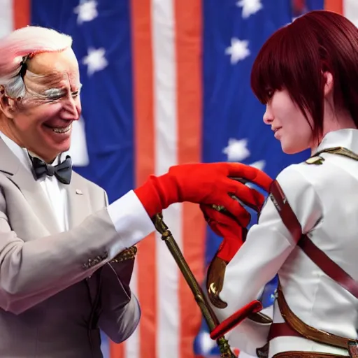 Image similar to biden giving asuka from evangelion the medal of honor, 4 k, president